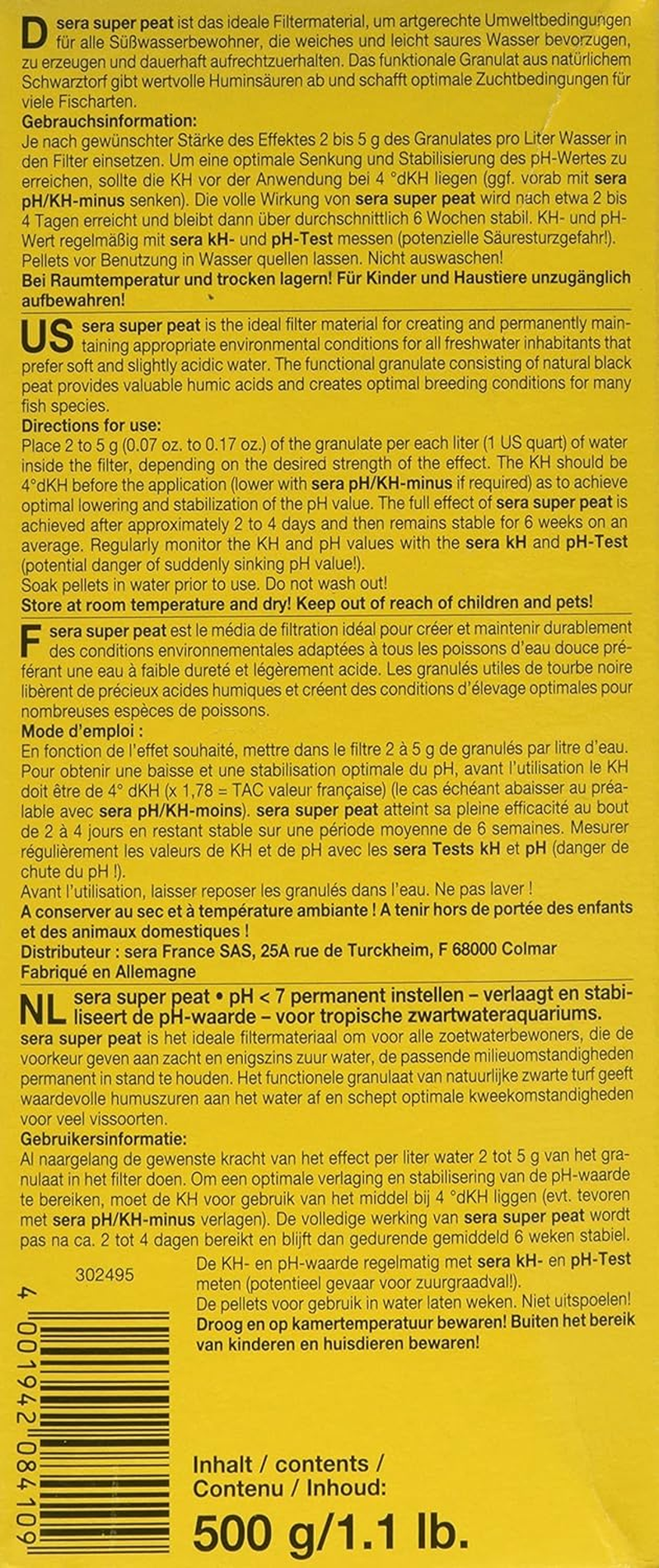 Sera Super Peat 500 G, 1.1 Lb. Aquarium Filter Accessories image number 1