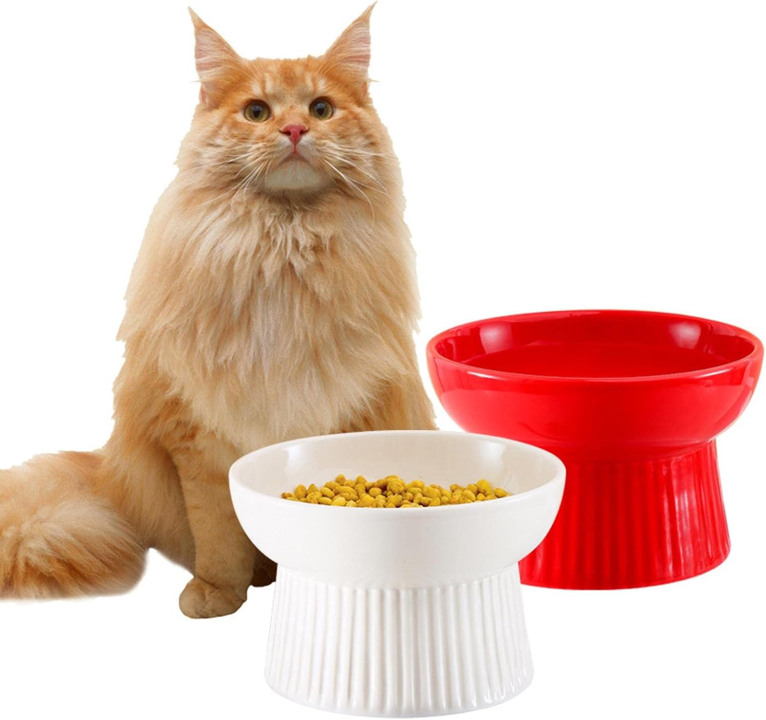 Ceramic Pet Bowl Neck Guard Cute Dog Bowl Cartoon Tall Cat Bowl Striped Ceramic for Flat Faced Cats,Small Dogs,Protects Pets Spine-Small,White image number 5