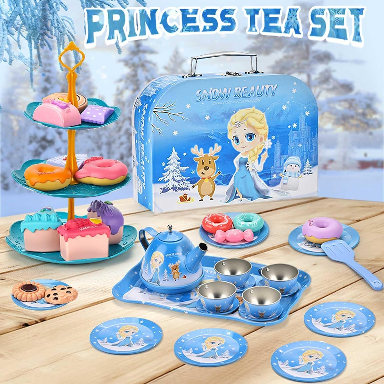 MINNOT Tea Party Set for Little Girls - Frozen Toys for Girls - Elsa Princess 46 Pack Kids Kitchen Pretend Toy with Tin Tea Set, Desserts & Carrying Case - Birthday Gift for Age 3 4 5 6 Year Olds image number 2