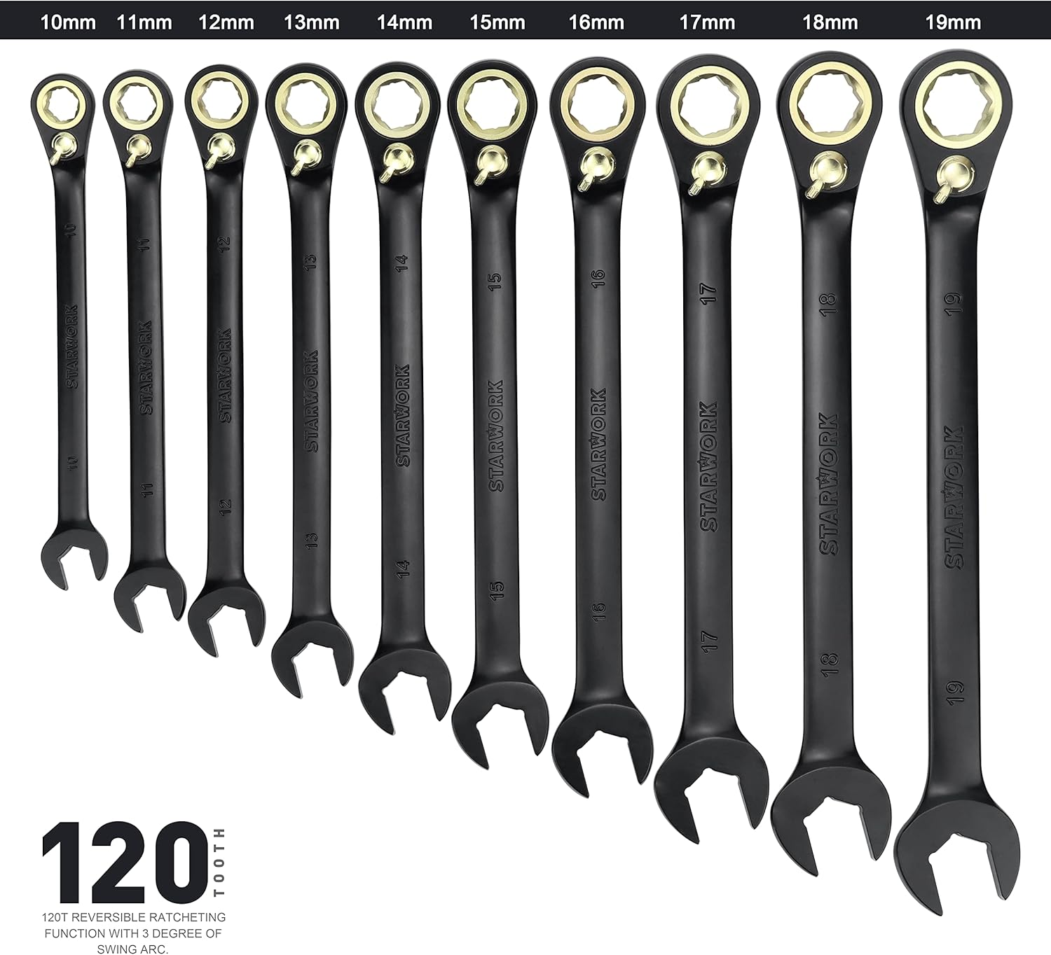 STARWORK TRUE MECHANIC&trade; 20 Pc. 120T Reversible Ratcheting Combination Wrench Set, Non-Slip, Long Pattern, SAE, Metric, Professional, with Portable Roll-Up Pouch Bag image number 2