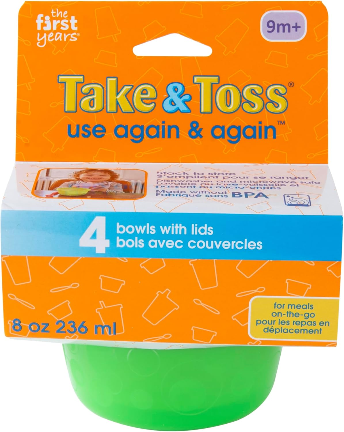 The First Years Take and Toss Toddler Bowls with Lids, 8 Oz Capacity, Neon (Pack of 4)