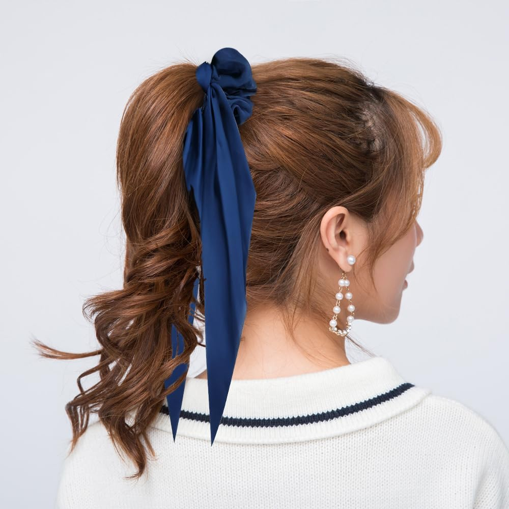 Cinaci 12 Pack Solid Silk Chiffon Stretchy Hair Ties with Long Ribbon Bow Hair Scrunchies Elastics Hairbands Ponytail Holders Rubber Bands Accessories for Women Girls image number 3