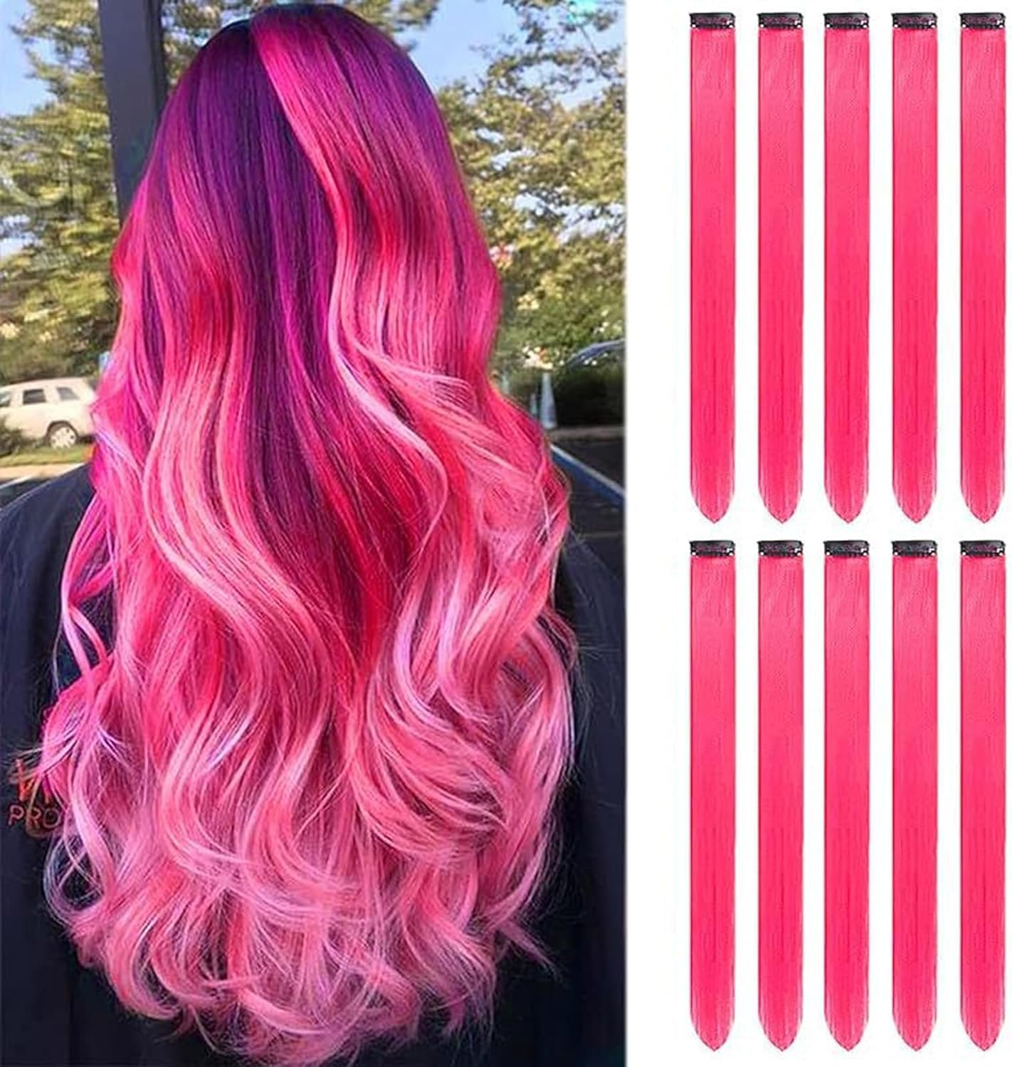 10 PCS Pink Hair Extensions, Clip-In Synthetic Hair Pieces for Women and Girls, Party Highlights, Costume Play Accessories, Straight Long Hair Extensions image number 5