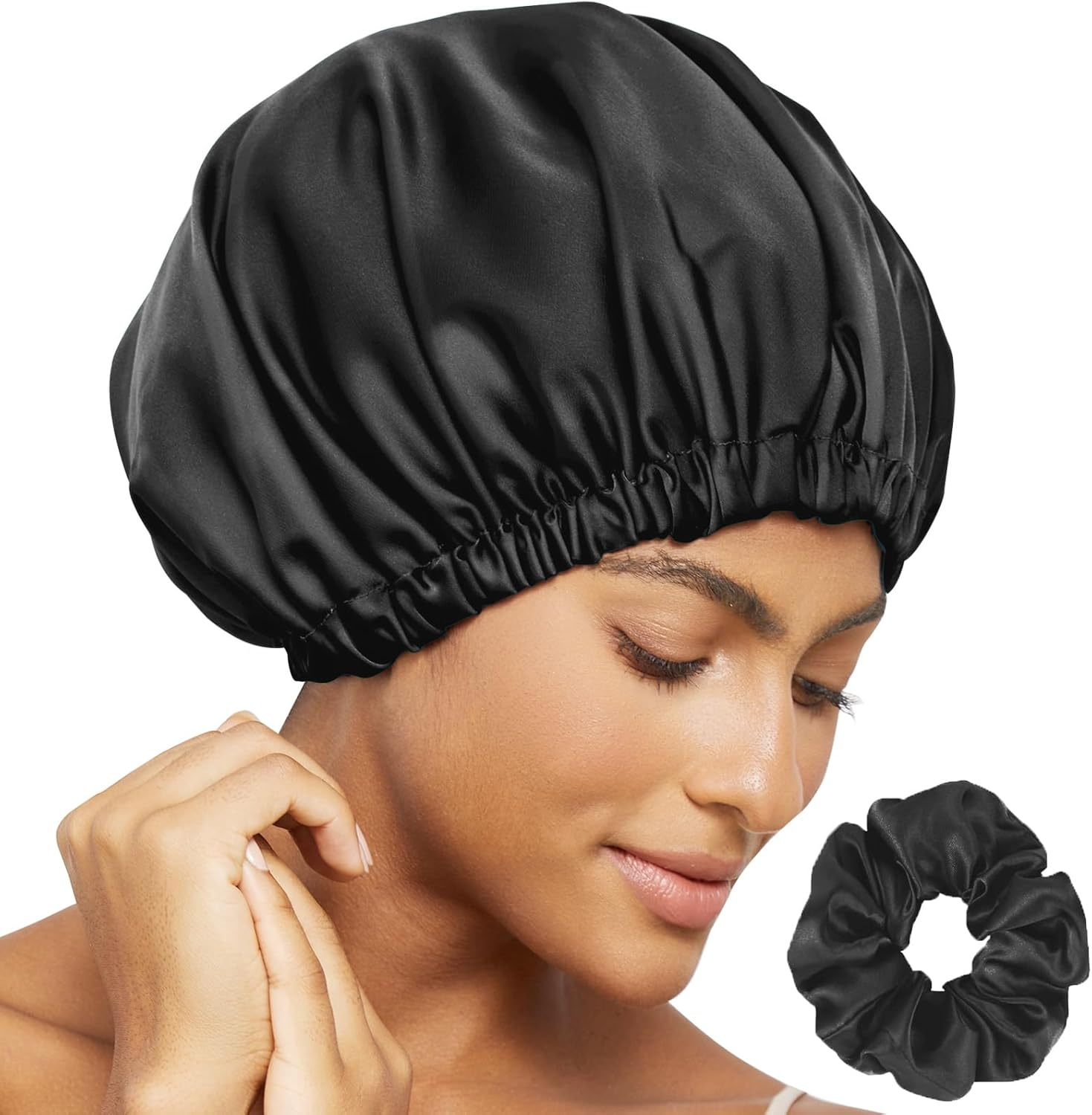 Satin Bonnet Silk Bonnet for Sleeping Women, Double Layer Hair Bonnet Wrap Sleep Cap for Women Curly Hair, Black, One Size