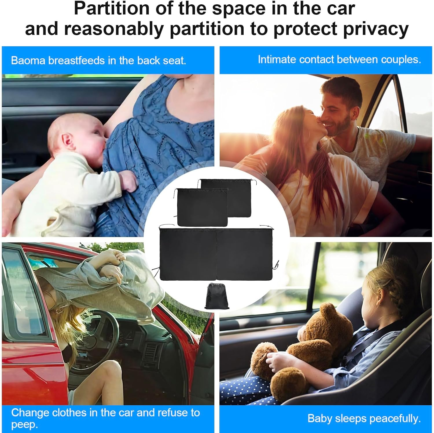 Car Divider Curtain Sun Shade,Set of 3 Car Privacy Curtains 1 Rear Seat & 2 Side Windows,Detachable Car Front Rear Seat Privacy Divider Curtains for Baby Feeding Sleeping Camping Travel image number 4