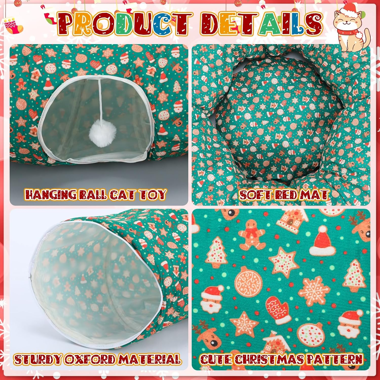 Yeyeplum Cat Tunnel Bed Indoor 3 Ft X 3 Ft X 10 Inch Kitten Donut Tunnel with Ball Peekaboo Cat Cave Summer Pet Bed round Hideaway Holiday Circle Cave Pets Gift(Green,Santa Claus) image number 3