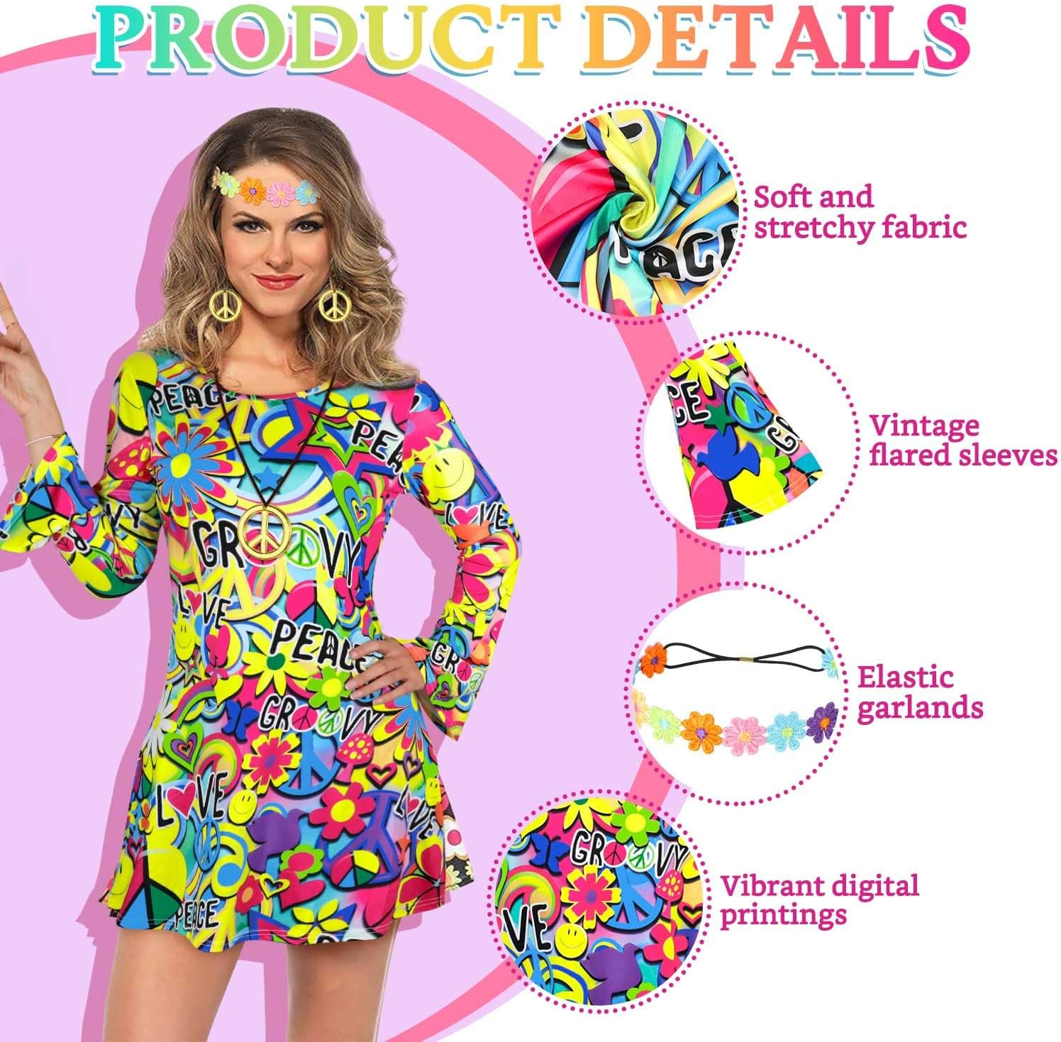 AUTOWT 70S Hippie Costume Women - 7 PCS Disco Dress with Headband Sunglasses Earrings Necklace Daisy Flower Crown, Hippy Disco Clothes Outfit for Fancy Halloween Cosplay Carnival 70S 80S Party image number 4