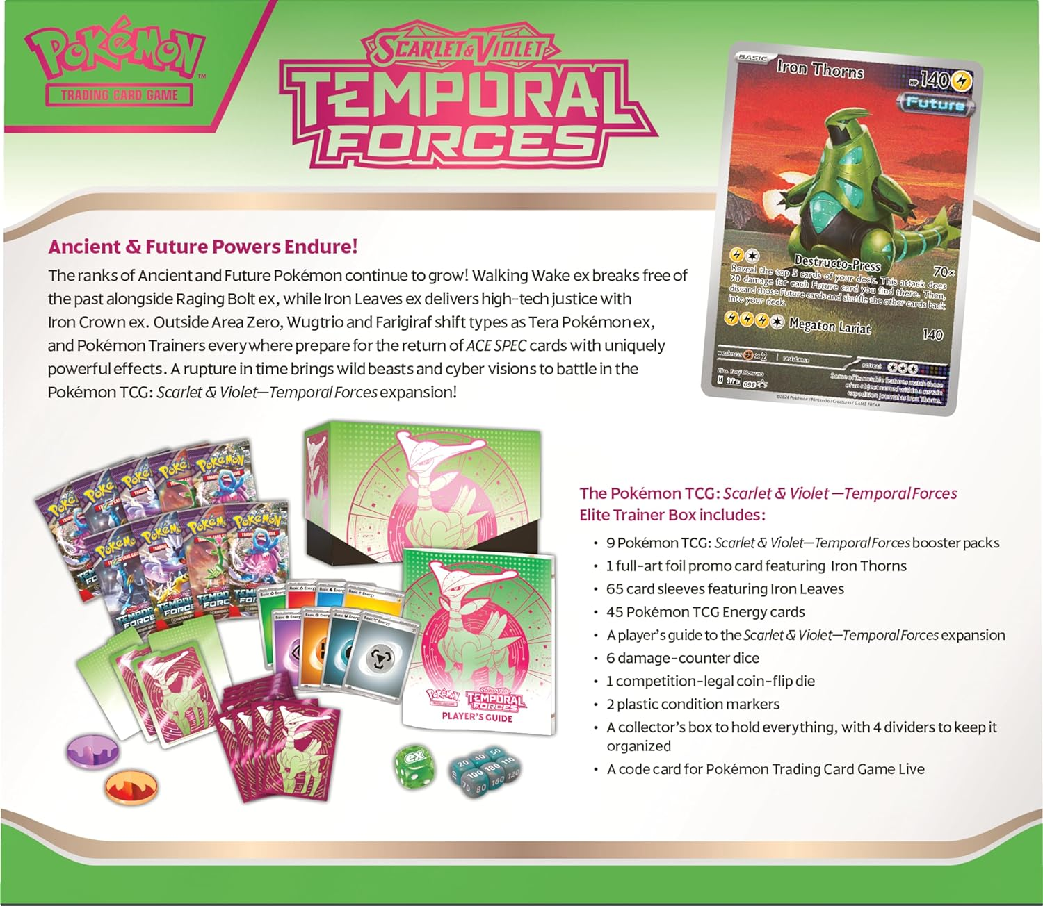 Pok&eacute;mon TCG: Scarlet & Violet&mdash;Temporal Forces Elite Trainer Box &ndash; Walking Wake (1 Full-Art Flutter Mane Promo Card, 9 Boosters & Premium Accessories) image number 2