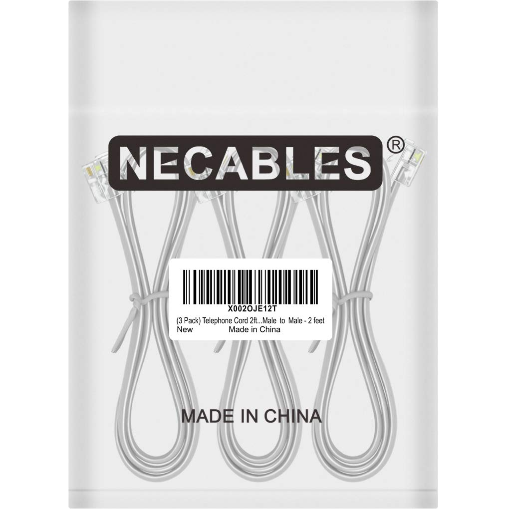NECABLES 3Pack Phone Cord 2Ft Telephone Cord Phone Cable RJ11 6P4C Male to Male for Landline and Fax - 2 Feet image number 3