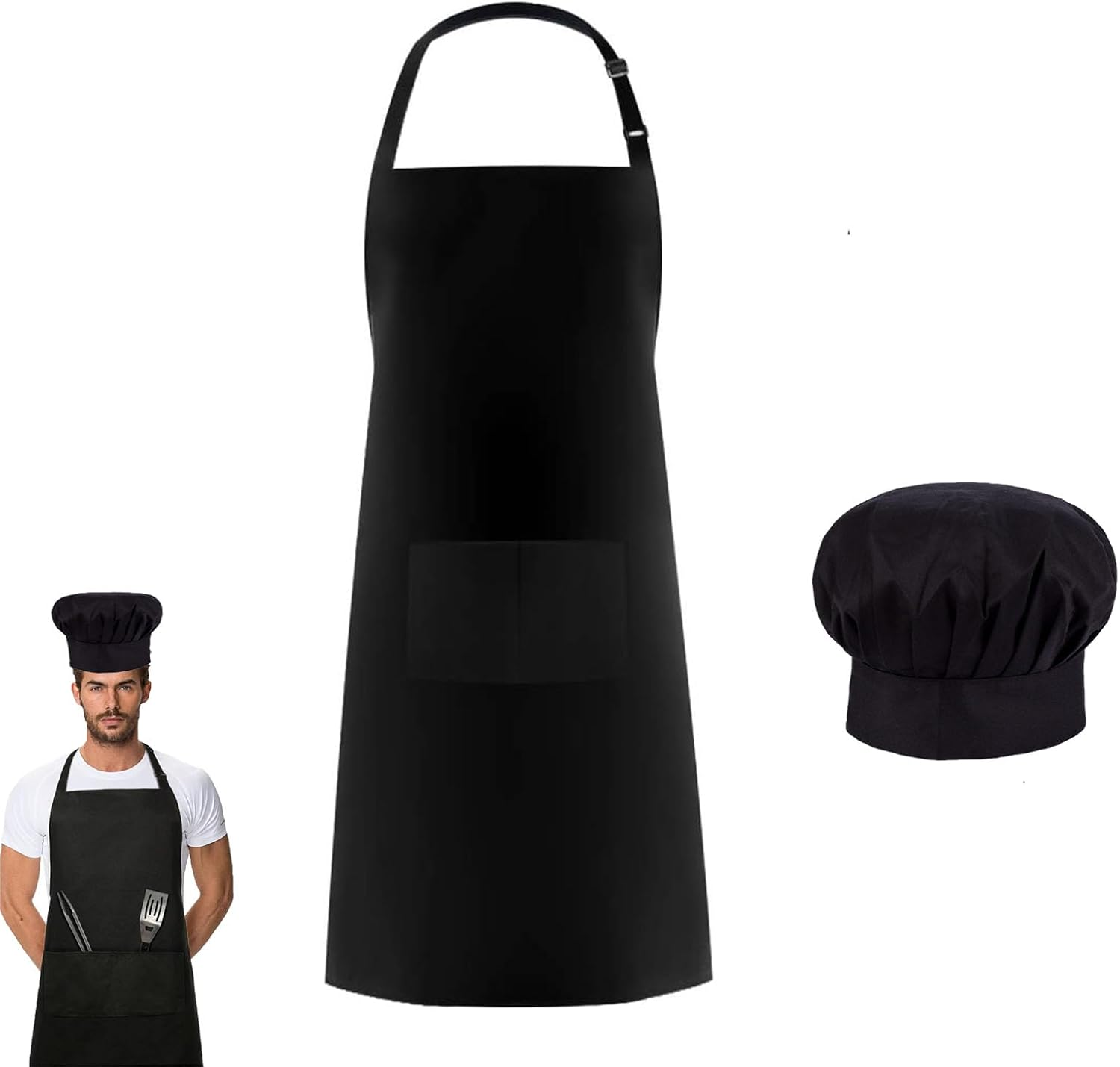 XUTONG Chef Aprons and Chef Apron Hat, Black Apron for Men Women, Waterproof Apron with 2 Pockets, Adjustable Neckband Apron for Kitchen Cooking Baking Garden BBQ image number 1