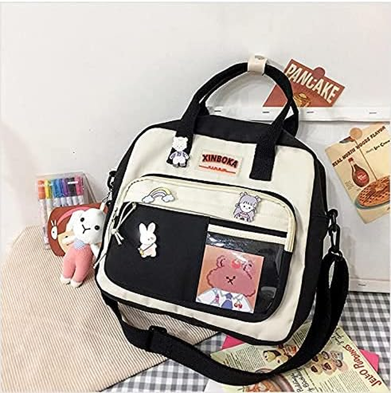 Kawaii Canvas School Backpack with Pendant, Laptop Shoulders Bag, Back to School off to College Supplies - Pink image number 5