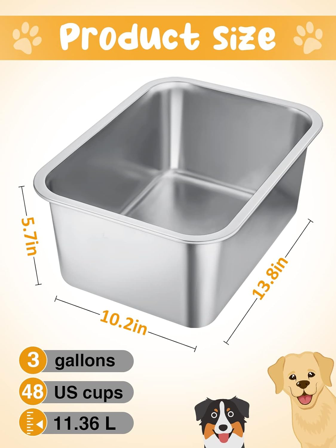 3 Gallons Extra Large Dog Water Bowl, Durable Stainless Steel Dog Bowl, Safe High Capacity Water and Food Bowl for Large, X-Large Breed Dogs Indoor Outdoor image number 6