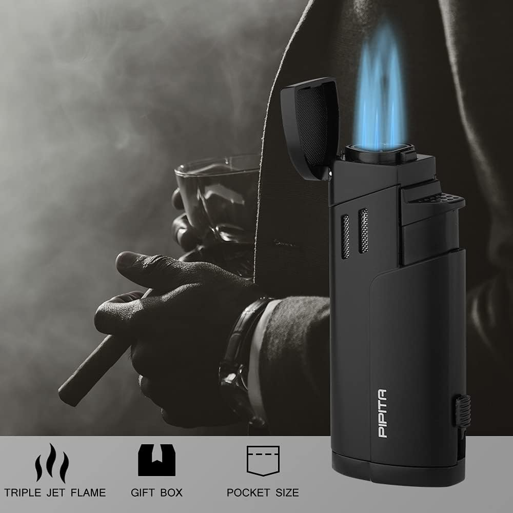 PIPITA Torch Lighter Windproof Triple Jet Flame Butane Lighter with Punch Refillable Zinc Alloy Lighter, Color Change Design of Visual Gas Window (Butane Not Included) (Black) image number 5