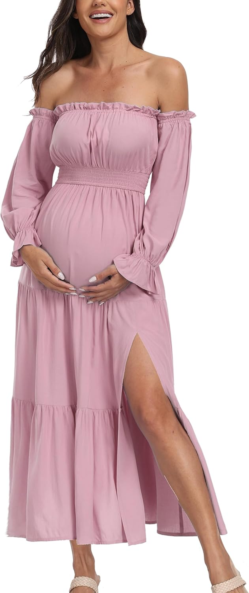 Women'S Boho off Shoulder Maternity Dresses, Long Sleeve Side Split Flowy a Line Tiered Maxi Dress for Baby Shower Photoshoot image number 4