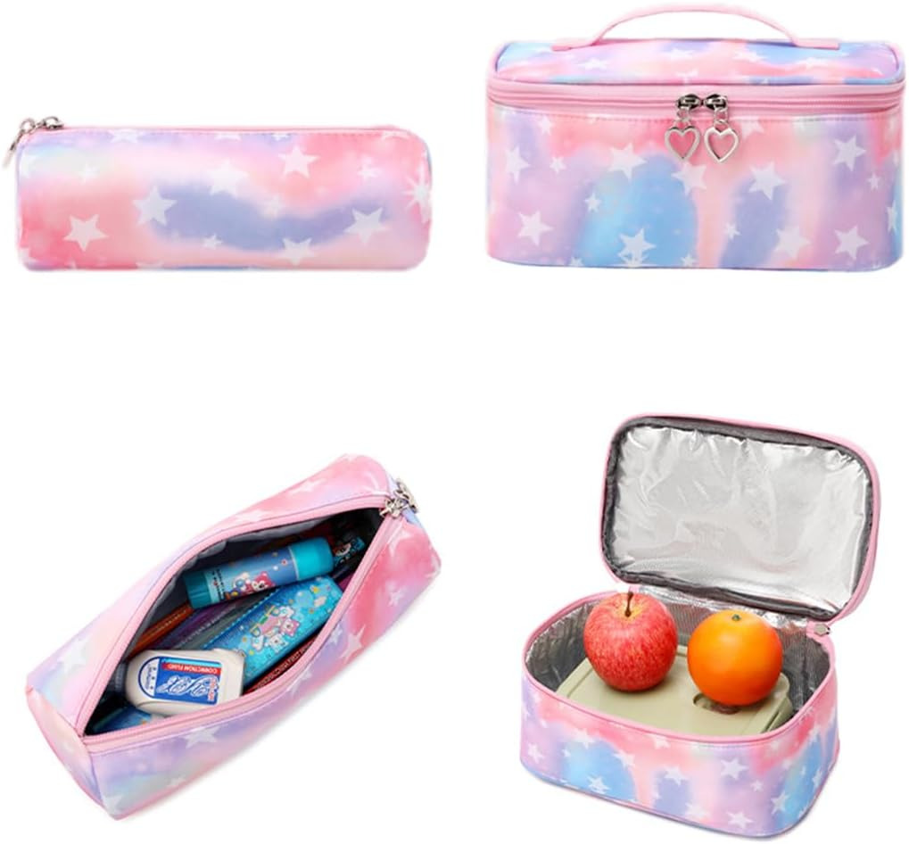 Coolwife School Backpack Set Lunch Bag Pencil Case 3 Pieces Teens Girls Cute Primary Junior Middle Students Daypacks, Tie-Dye Stars Pink, One Size, Casual Student