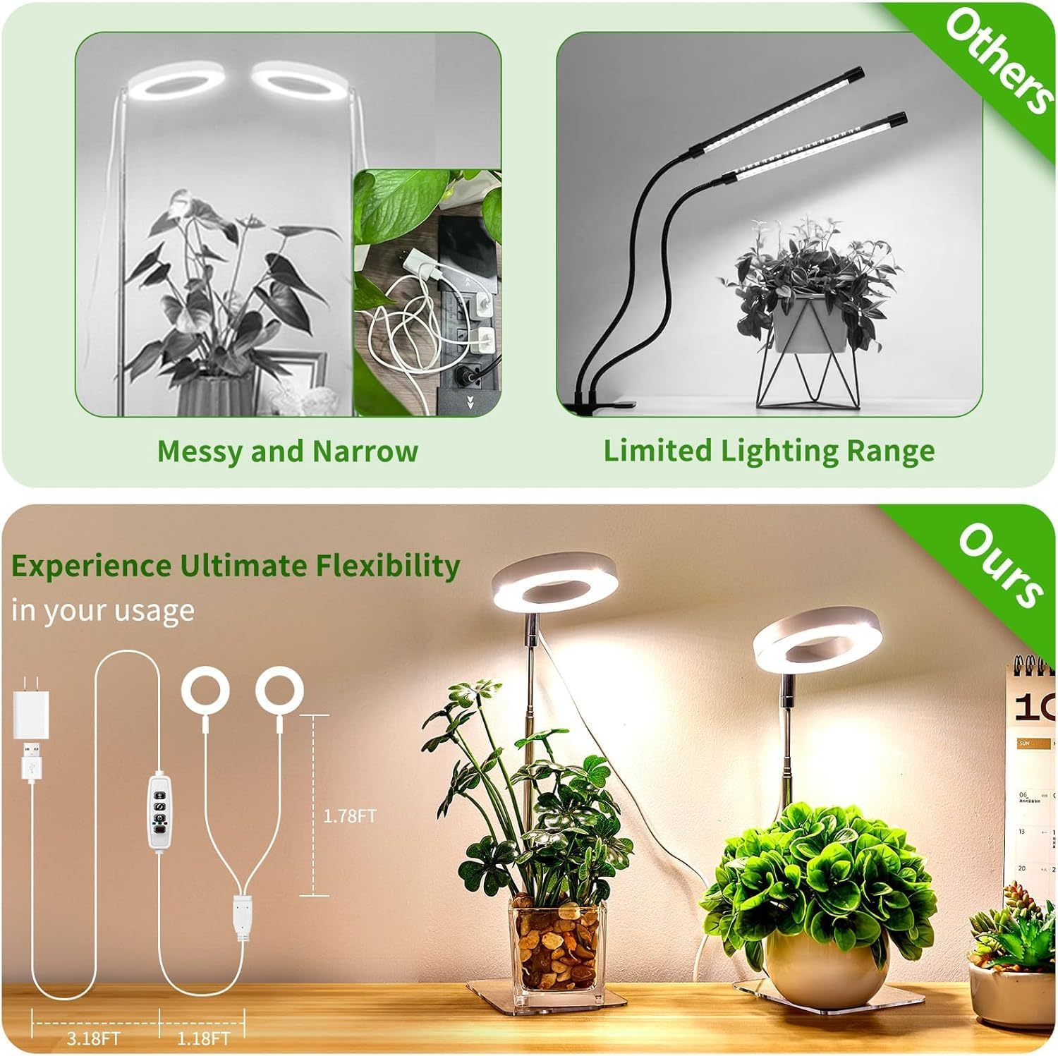 Plant Grow Light, LED Growing Light for Indoor Plants, 2 Head 48 LED Adjustable Height Growing Lamp with Timer, 3 Dimmable Brightness Levels, Low Safe Voltage, Perfect for Small Plants (White) image number 5