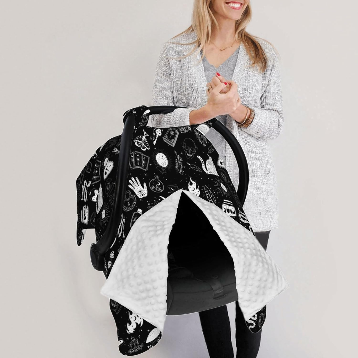 Goth Carseat Covers Baby, Gothic Winter Carseat Cover for Baby, Minky Baby Car Seat Cover for Boy & Girl, Peekaboo Opening Car Seat Canopy for Newborn, Multi Use Mom Nursing Cover, Gothic image number 2