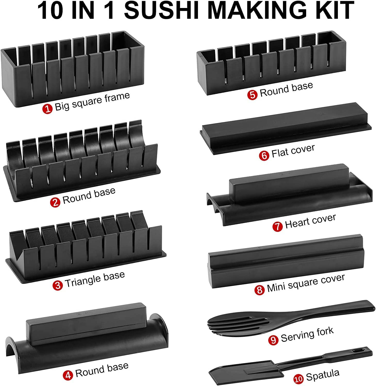 DIY Sushi Making Set - 10 PCS Production Kit with Rice Roll Mold Shapes and Fork, Premium Mold Maker for Maki Rolls, Easy and Fun for Daily Use (Black) image number 6