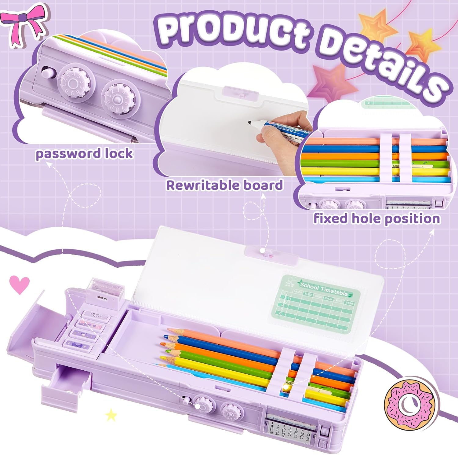 Pop up Multifunctional Pencil Case Organizer Cartoon Pen Box Pencil Box with Password Lock, Sharpener, Schedule, Whiteboard, Christmas Birthday Stationery Gifts for Teen (Purple,Magic World) image number 2