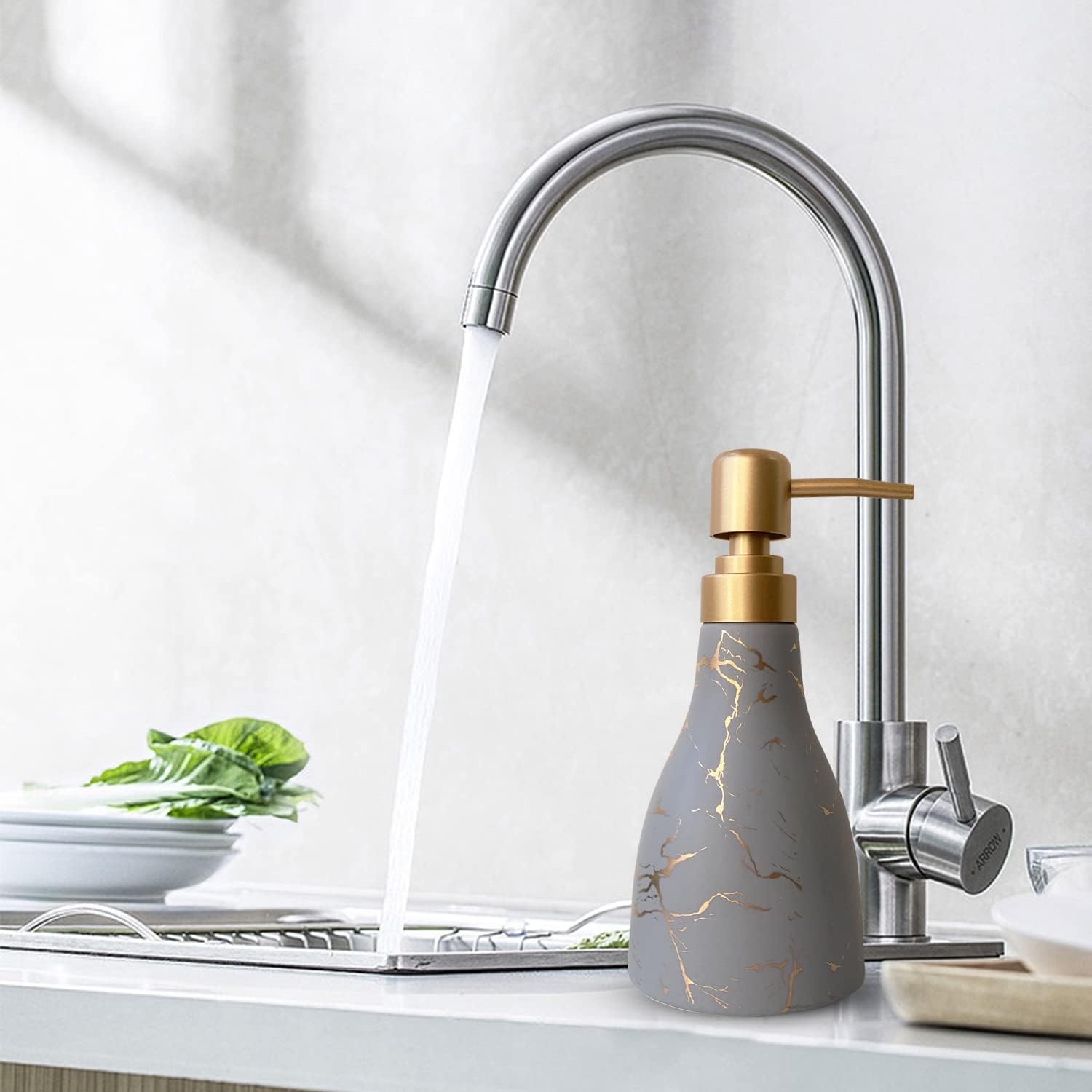 Grey Ceramic Soap Dispenser for Bathroom & Kitchen with Marble Pattern Liquid Hand Dispenser Pump Bottle (Grey) - Khaki image number 7