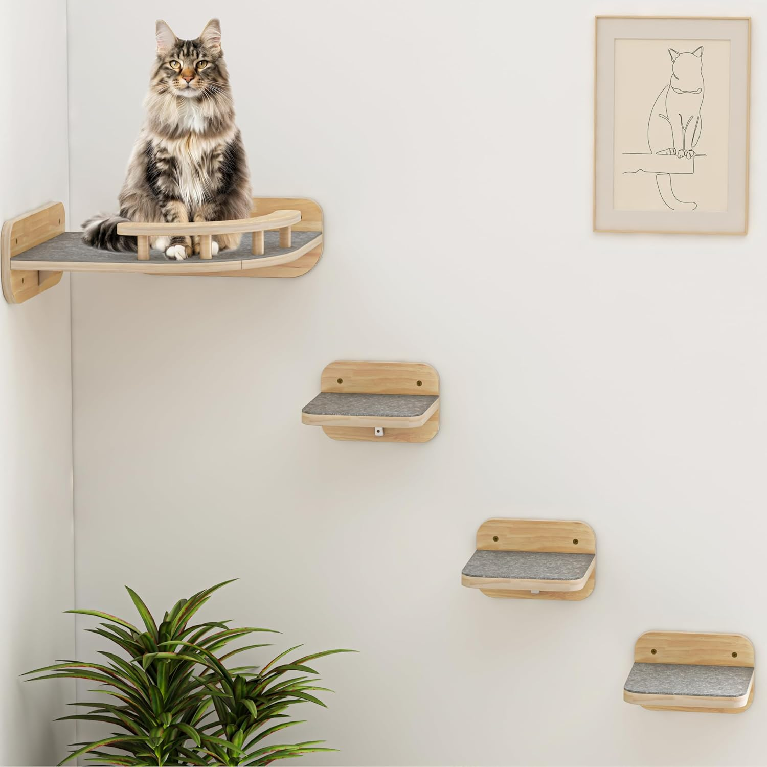 Megidok Cat Wall Furniture Corner Climbing Shelf Perches with 3 Wide Steps - Modern Floating Stairs for Indoor Cats up to 30 Lbs - Wood Color image number 6
