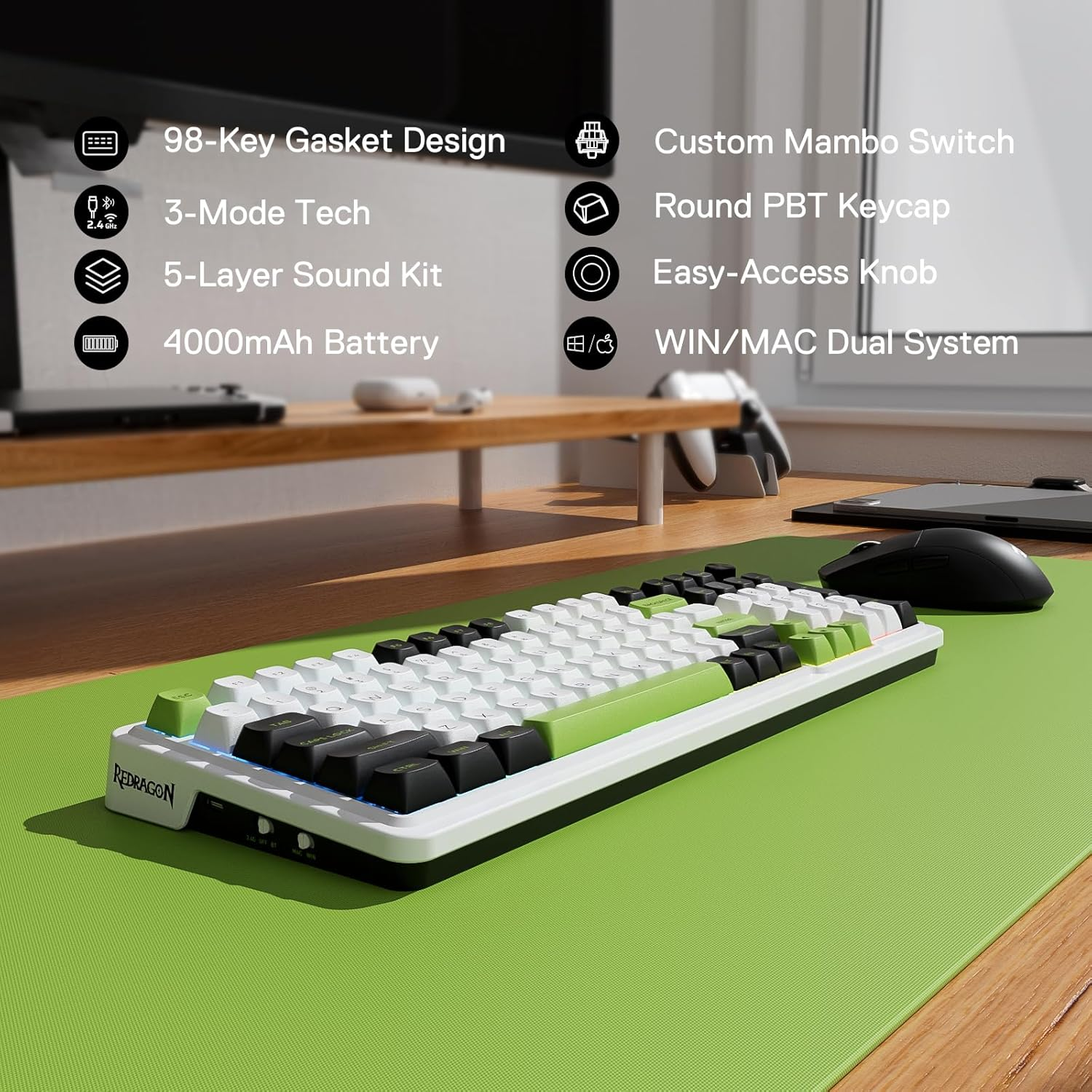 Redragon K686 PRO 98 Keys Wireless Gasket RGB Gaming Keyboard, 3 Modes Mechanical Keyboard with Hot-Swap Dedicated Button Control and 5-Layer Noise Reduction, Custom Linear Switch - Green image number 5