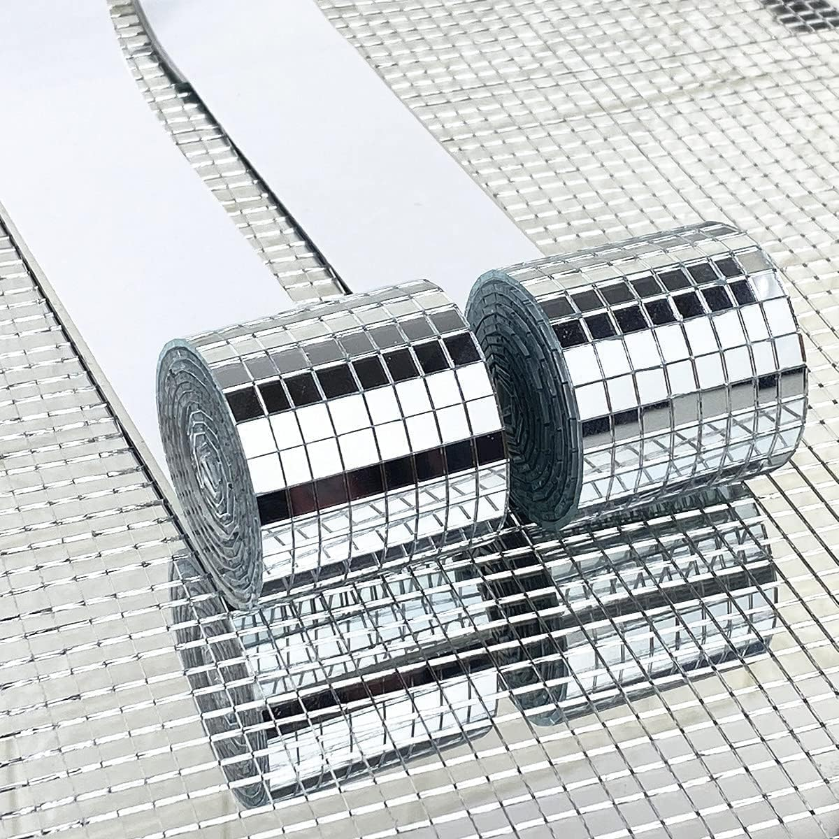 Slzhds 3200 Pcs Self-Adhesive Square Glass Mirror Mosaic Tiles, Disco Wall Tiles, Silver Mirror Stickers, Mini Real Glass Square Mosaic Tiles, Silver Square Stickers for DIY Decoration (2 Rolls) image number 3