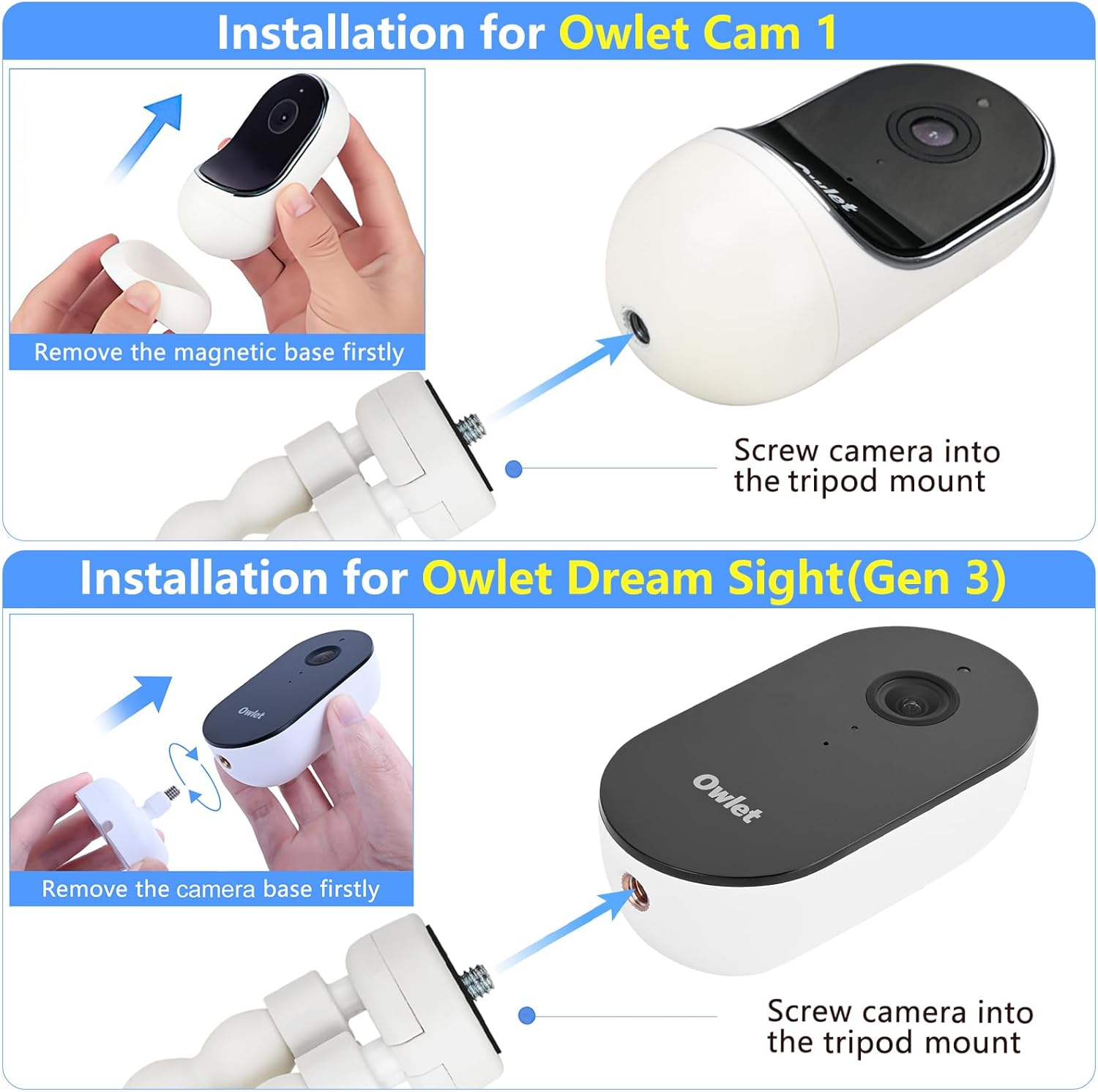 Flexible Tripod Baby Monitor Mount for Owlet Cam and Owlet Cam 2, Attach Your Baby Camera Wherever You like without Tools or Wall Damage - White image number 3