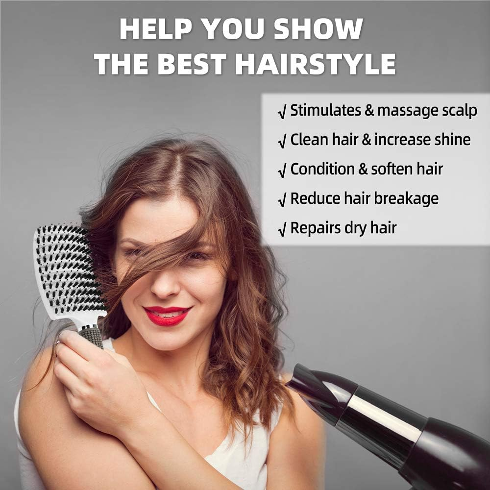 URAQT Boar Bristle Paddle Hairbrush for Women, Soft Massage Hair Comb, Detangle Thick Curly Hair, Reducing Hair Breakage and Frizzy image number 5