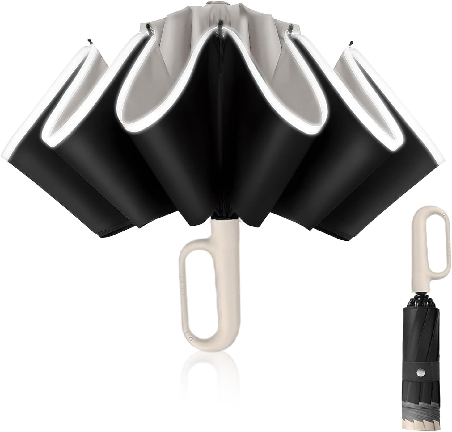 Folding Umbrellas, Automatic Extra Large Compact for Sun & Rain &ndash; Windproof Travel Parasol with Hooking Handle, Inverted Dry Close & Safety Reflective Strips (Beige) image number 4