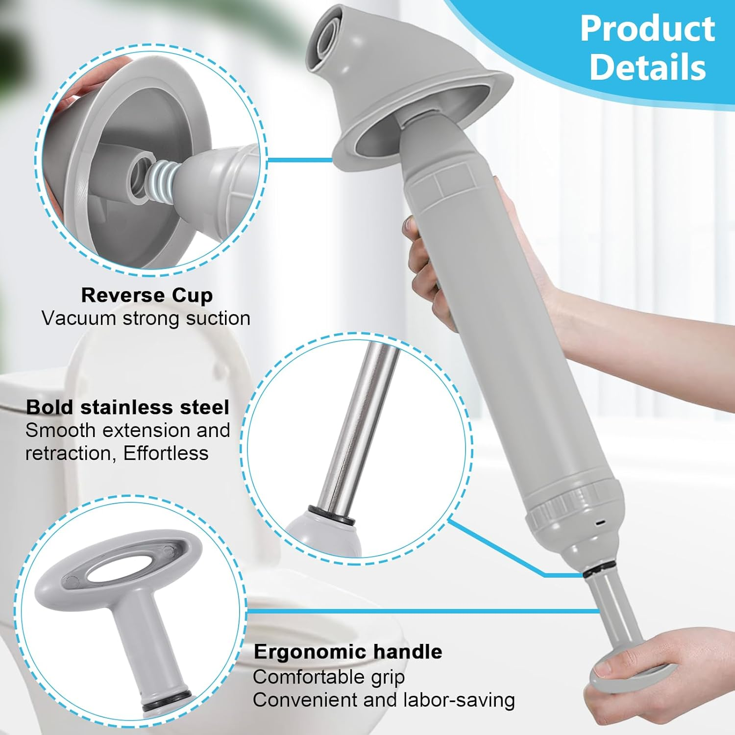 Pipe Cleaning Pump, High Pressure Drain Cleaner Pump 2025 New Pipe Cleaner Compressed Air Quickly Releases Drain Blockage, for Toilets, Sinks, Floor Drains, Drain Pipes (Grey) image number 2