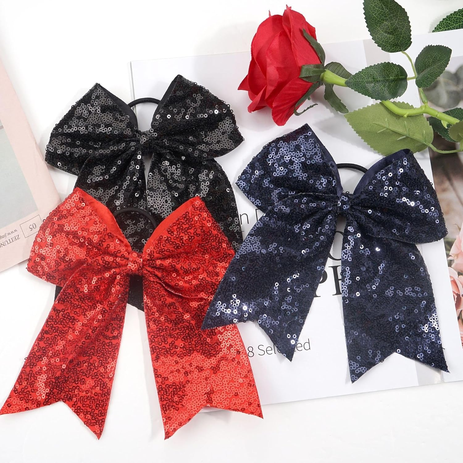 Blausky Pack of 4 Large Bows Hair Bows with Sequins, 18 X 16 Cm, French Bow Scrunchies, Elastic Hair Bows, Glitter Hair Accessories for Women, Party, Christmas, Everyday, Red image number 4