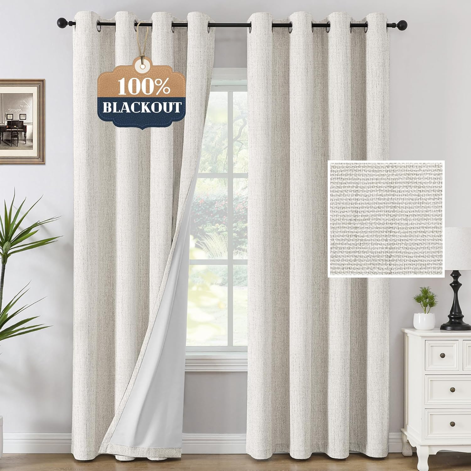 Blackout Curtains Linen Textured Thick Chenille Thermal Curtains Block Out Light and Heat Eyelet Curtains for Bedroom Blockout Curtains 243Cm Drop for Lounge and Spare Room, Heather Ivory image number 4