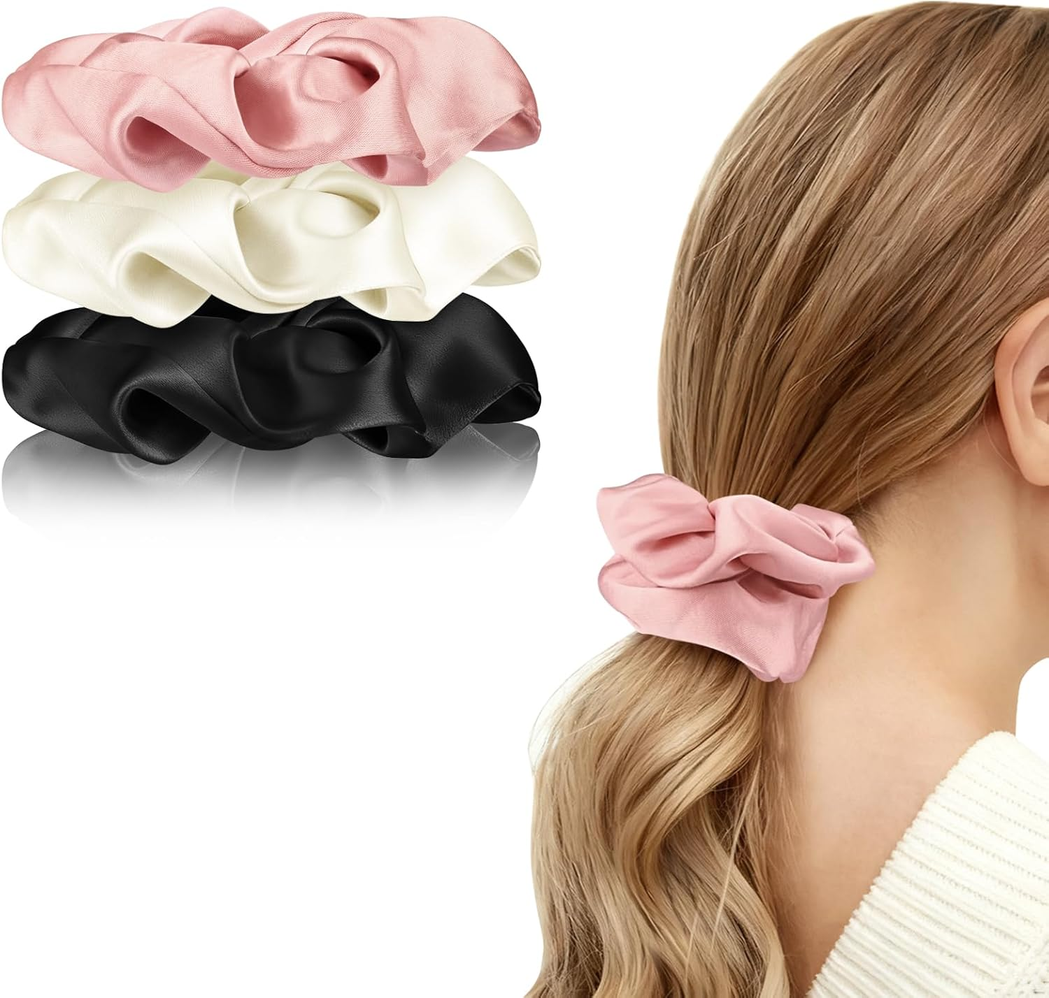 Leonids Satin Hair Scrunchies for Women, Silk Hair Scrunchies for Girls, Elastic Hair Bands (Black+Black+Black)