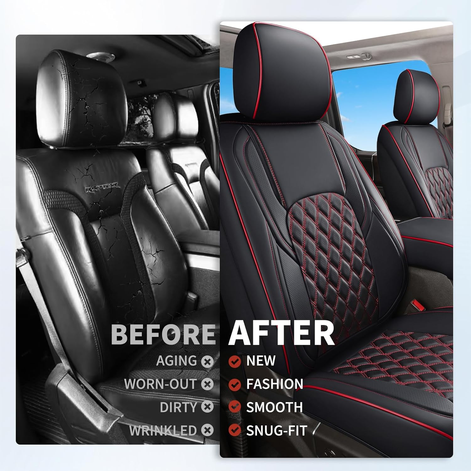 Huidasource Dodge Ram Seat Covers, Front & Rear Pickup Truck Leather Seat Cover Fit for 2009-2018 1500, 2010-2023 2500/3500 Crew Mega Cab, 2019-2023 Ram 1500 Classic Only(Full Set/Black&Red) image number 6