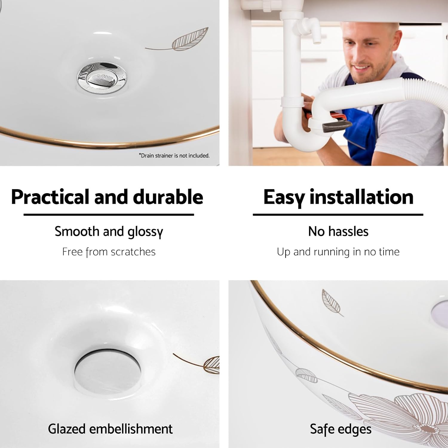 Cefito Bathroom Basin Vanity Sink, Ceramic Hand Wash Basins Vessel Sinks above Counter Top Tools Kitchen Home Improvement, round Shape High Gloss Finish Scratch-Resistant with Pattern White image number 4