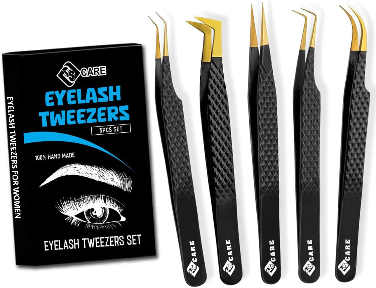 YSACRE Eyelash Extension Tweezers Set of 5 Japanese Stainless Steel Diamond Grip Lash Tweezers for Straight Curve 45 Degree 90 Degree Lash Volume Women (Pink) (Black/Gold)