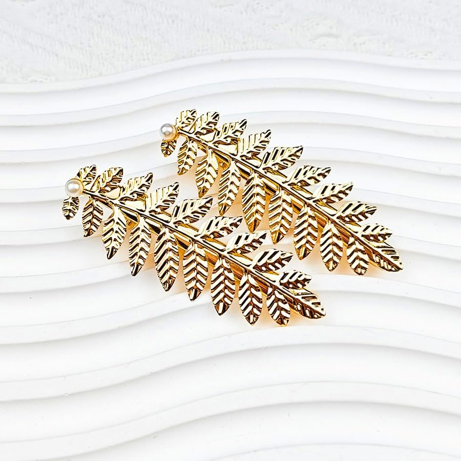 Gold Leaf Hair Clips Barrettes Greek Goddess Costume Cosplay Accessories for Women Girls 2 Pcs Leaves Clip with Pearl Hair Piece Leaf Clips for Wedding Party image number 2
