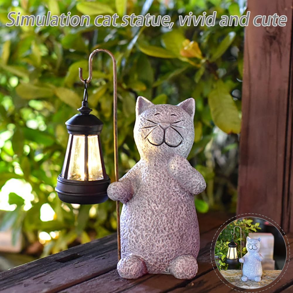 Cat Sculpture Figurine Light, Garden Lights Statue, Garden Ornaments Lantern Outdoor, 25.5 * 12 * 9.5Cm, Grey image number 1