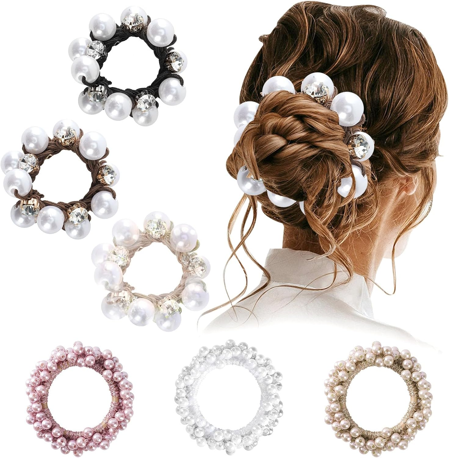 OT-NVWOZR Pack of 6 Women'S Hair Bobbles, Pearl Hair Accessories, Crystal Scrunchies, Elastic Ponytail Holder, Strong Hair Bands, Stretchy Headbands, Birthday for Women and Girls image number 6