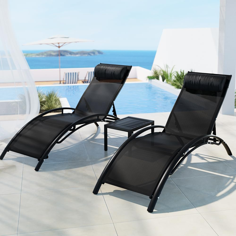 Gardeon 3Pcs Sun Lounge with Table, Camping Chair Lounger Day Bed Chaise Beach Chairs Outdoor Furniture Garden Patio Setting Pool Backyard, Adjustable Backrest Black image number 3