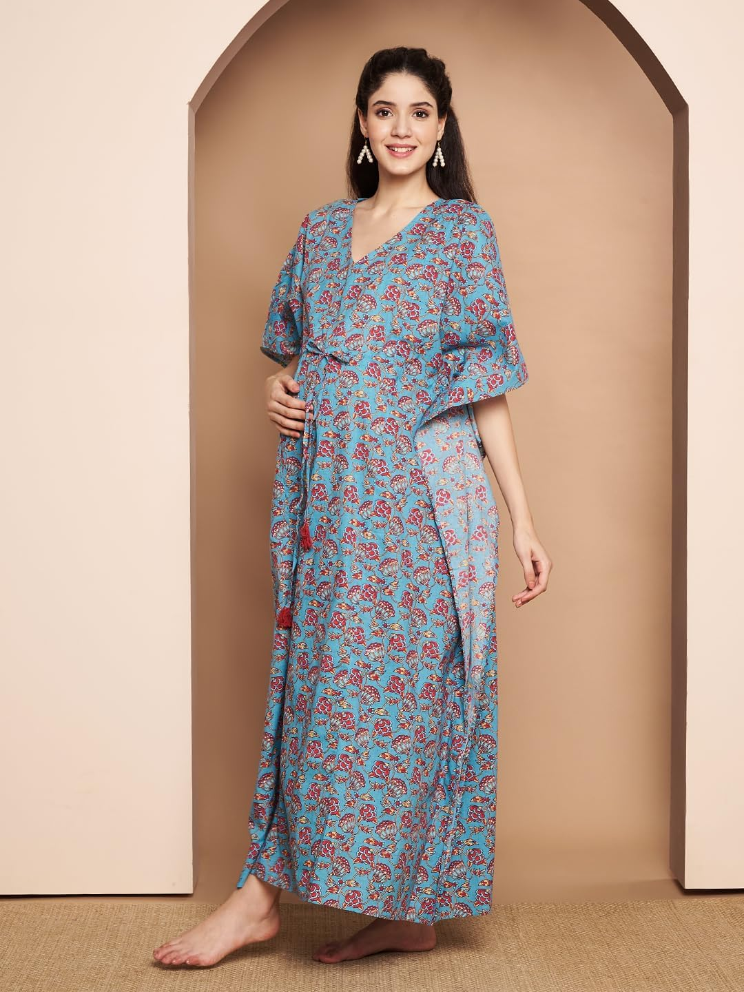 Secret Wish Floral Printed Cotton Maternity Kaftan./Free Size/Printed/Drawstring/Nightdress/Nightwear/Full Length