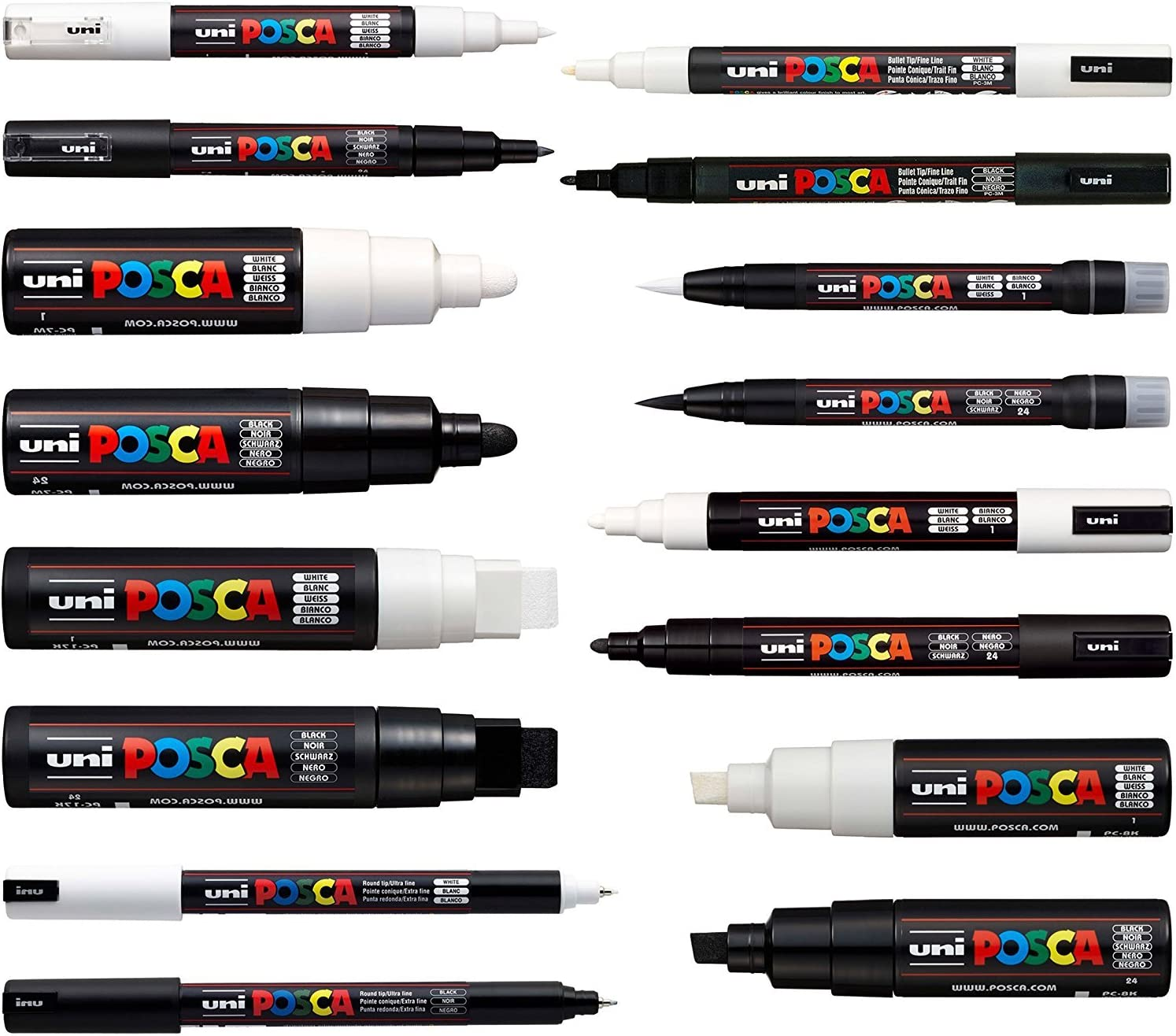 "POSCA Black & White - Full Set of 16 Pens (PC-17K, PC-8K, PC-7M, PC-5M, PC-3M, PC-1M, PC-1MR, PCF-350)"
