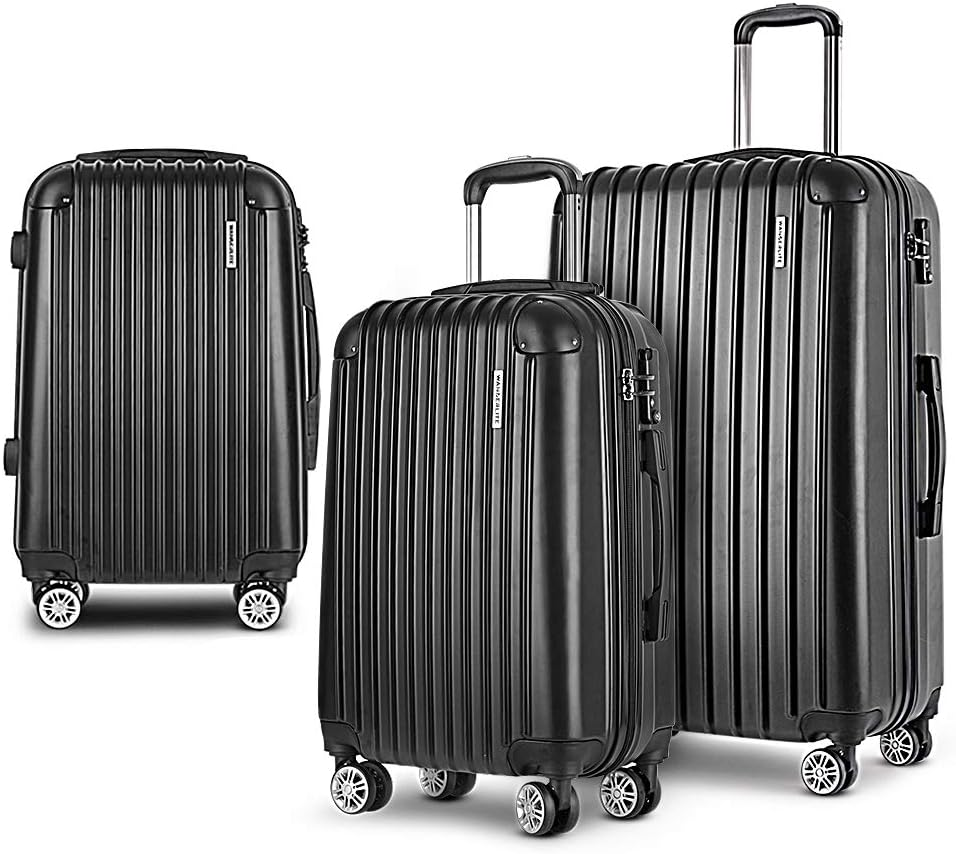 Wanderlite Luggage Set 3Pcs Black Suitcase Hand Luggages Travel ABS Hard Case Hardside Shell, Lightweight Trolley Carry on Bag, TSA Lock 6Pcs Storage Organisers