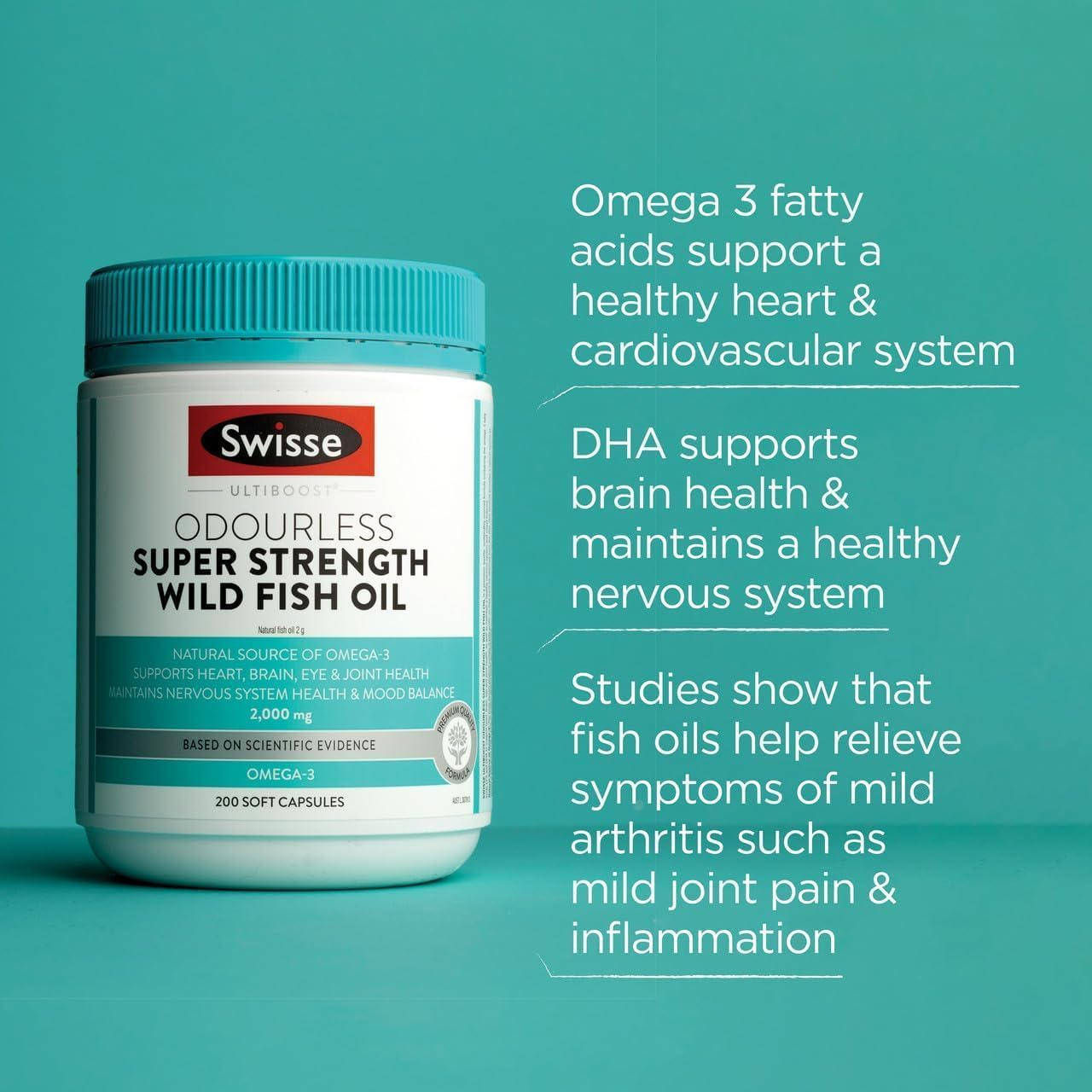 Swisse Ultiboost Odourless Super Strength Wild Fish Oil 200 Capsules image number 3