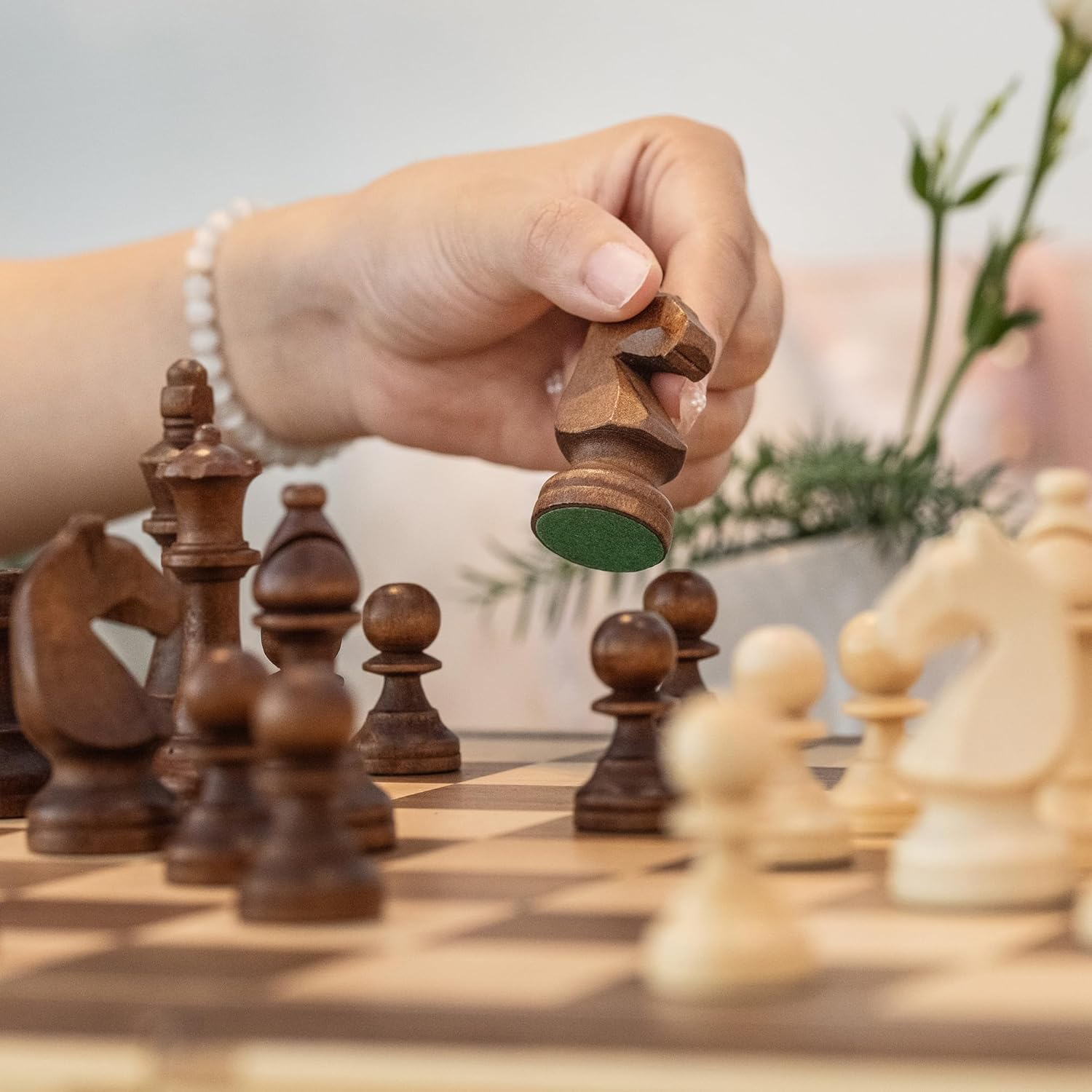 A&A 15" Magnetic Wooden Chess Set/Folding Board / 3" King Height German Knight Staunton Chess Pieces/2 Extra Queen image number 5