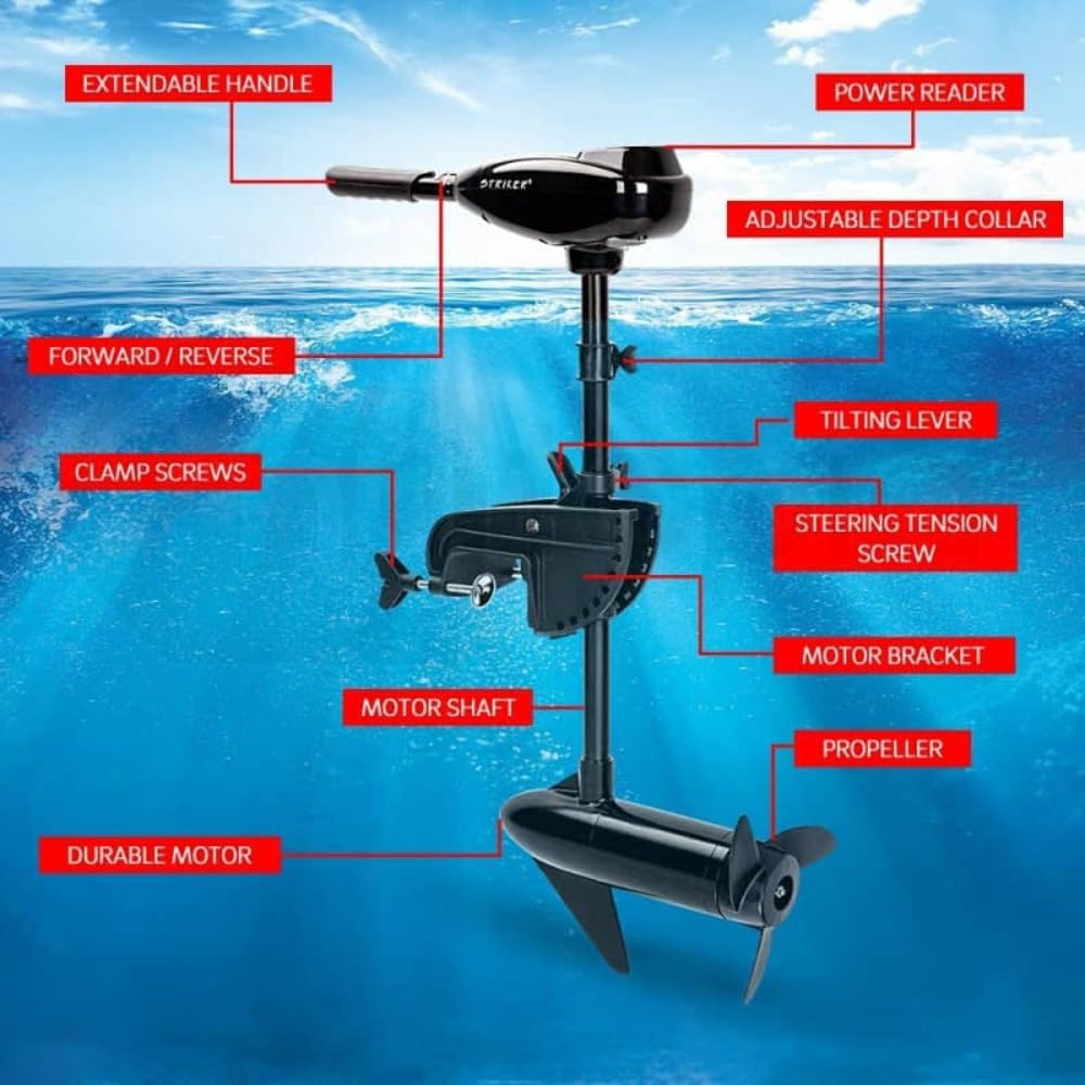 Striker Electric Trolling Outboard Motor 408W Huge 45-Lbs Thrust, 4-Stroke 10-Step LED Battery Display, Full 90 Degree Tilt with 6 Inch Telescoping Handle image number 6