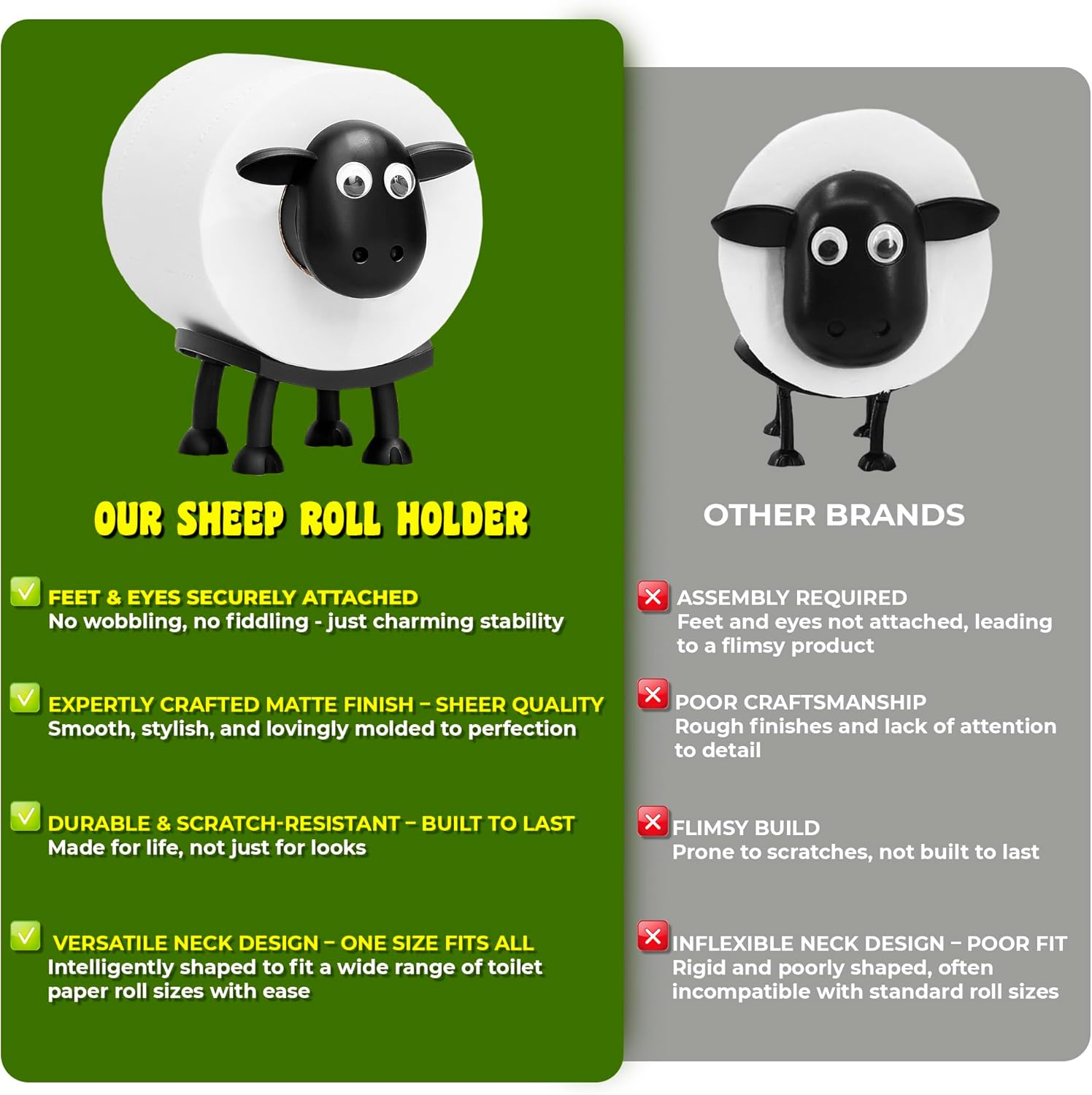 VELENTI Sheep Toilet Roll Holder - Funny Toilet Paper Holder Free Standing Bathroom Set - 3D Printed Black Sheep Loo Roll Holder - Hilarious Tissue Paper Roll Storage - Cute Bathroom Decor - Set of 3 image number 3