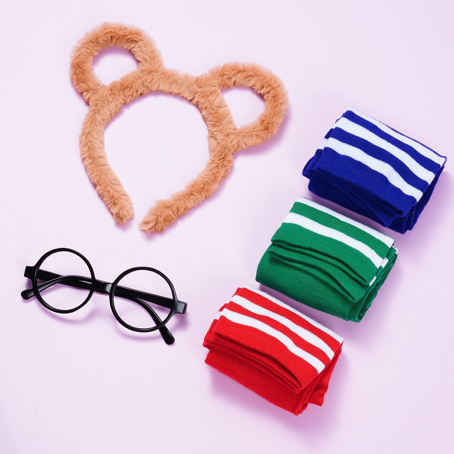 9 Pieces Chipmunks Costumes Set Include 3 Pieces Chipmunk Ears Headband 3 Piece Black round Frame Glasses and 3 Pairs Knee-High Socks for Teens Adults Halloween Party Animal Costume Accessories image number 1