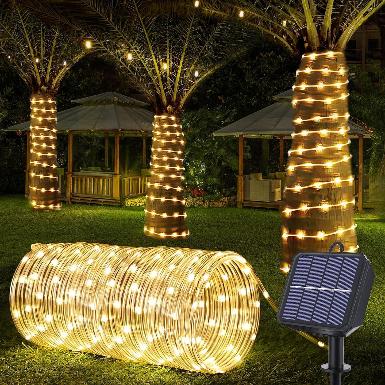 Solar Rope Lights, 10M 100LED Solar String Lights, 8 Modes Waterproof Solar Powered Outdoor Light, Flexible Clear Tube Light for Garden, Backyard, Patio, Deck, Porch, Pool,Tree Decor - Warm White